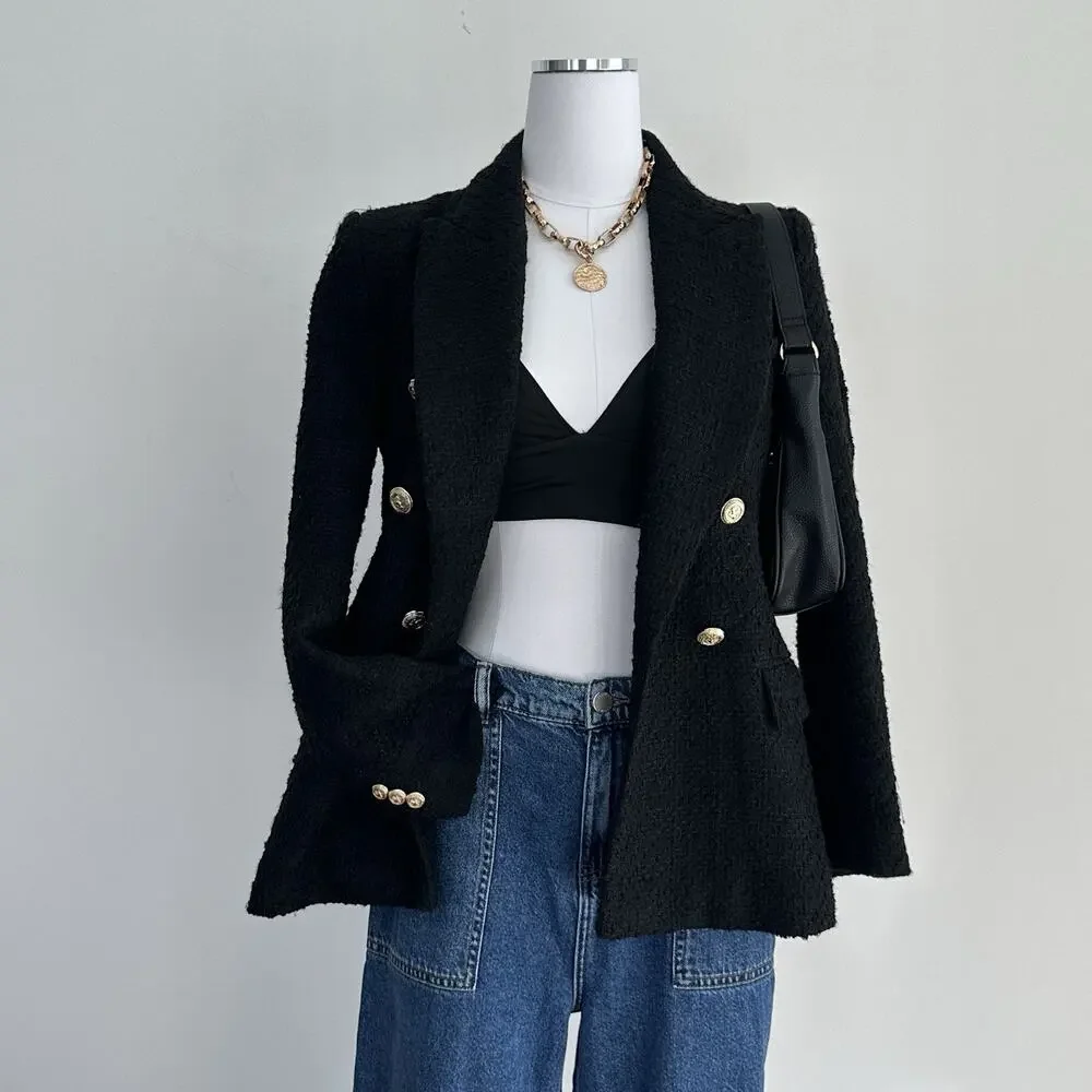 Zara Tweed Jacket Womens Medium Double Breasted Boucle Equestrian Academia Chic - Picture 4 of 16